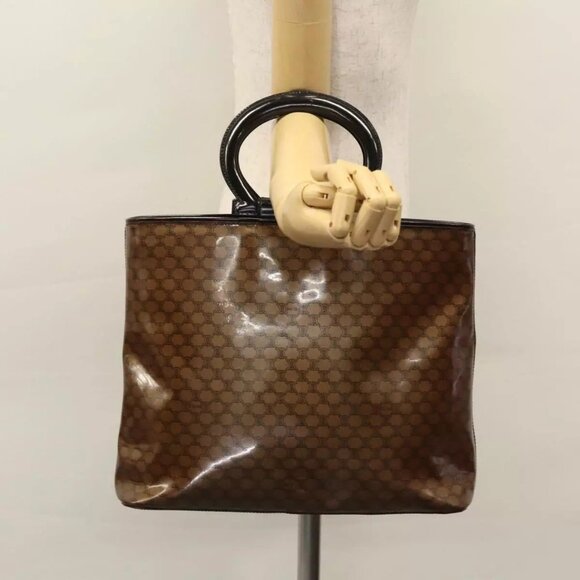 CELINE Macadam Canvas Hand Bag PVC Brown Black gold Auth - Picture 1 of 16